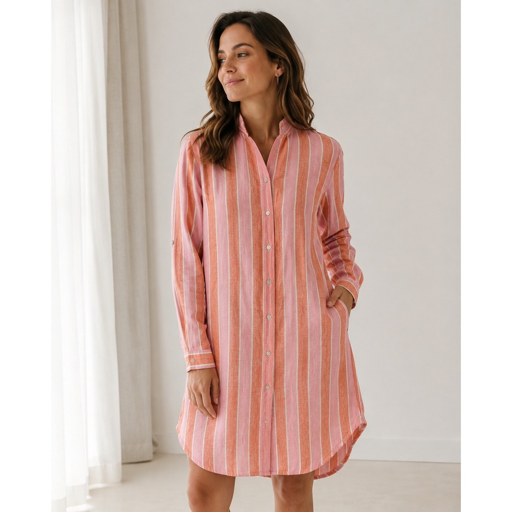 Cynthia Rowley Pink Orange Striped Linen Blend Button Down Shirt Dress Medium